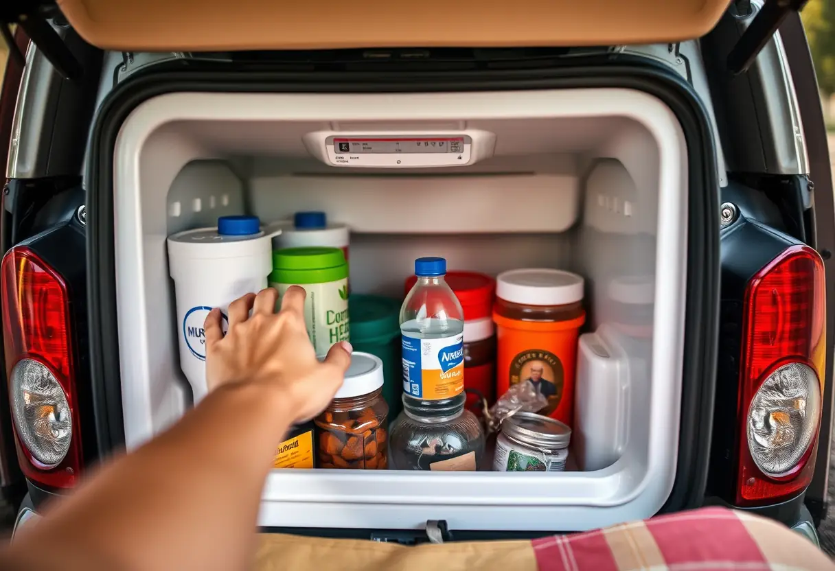 Une main atteint le compartiment réfrigérateur du camping-car, rempli de divers conteneurs et d'une bouteille d'eau