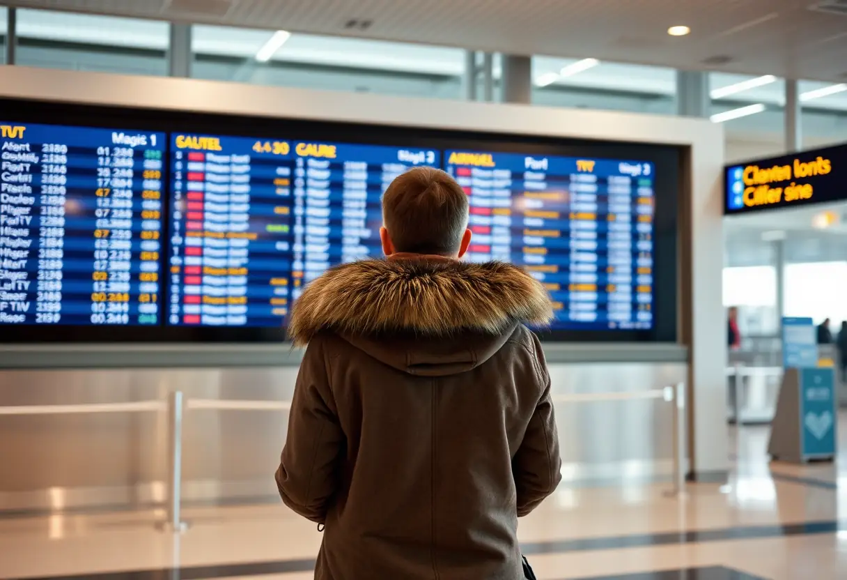 Une personne en manteau d'hiver vérifie un écran digital affichant des informations sur les vols, debout devant un grand écran dans un aéroport