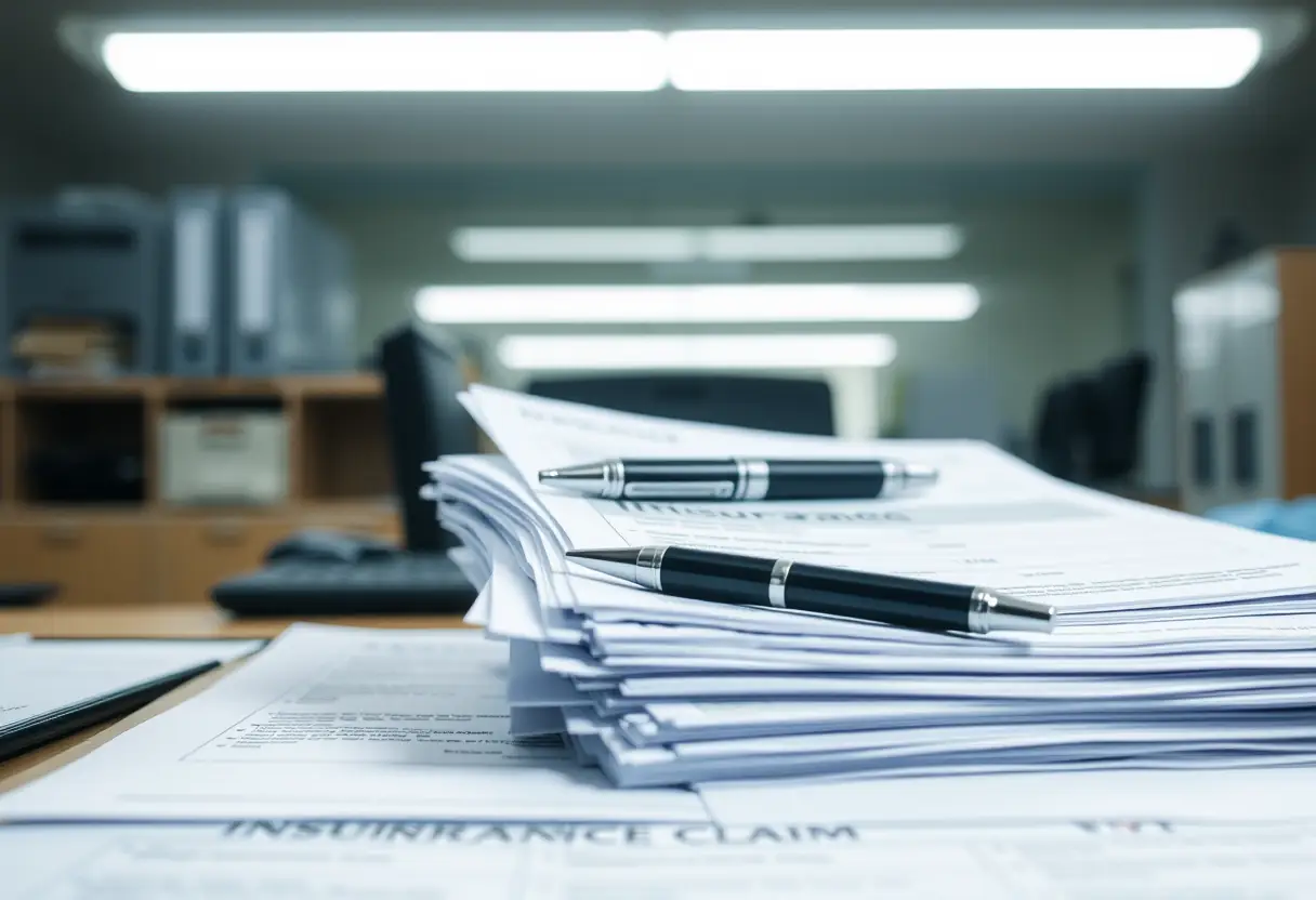 Une pile de formulaires de réclamation d'assurance sur un bureau, avec un stylo reposant dessus.