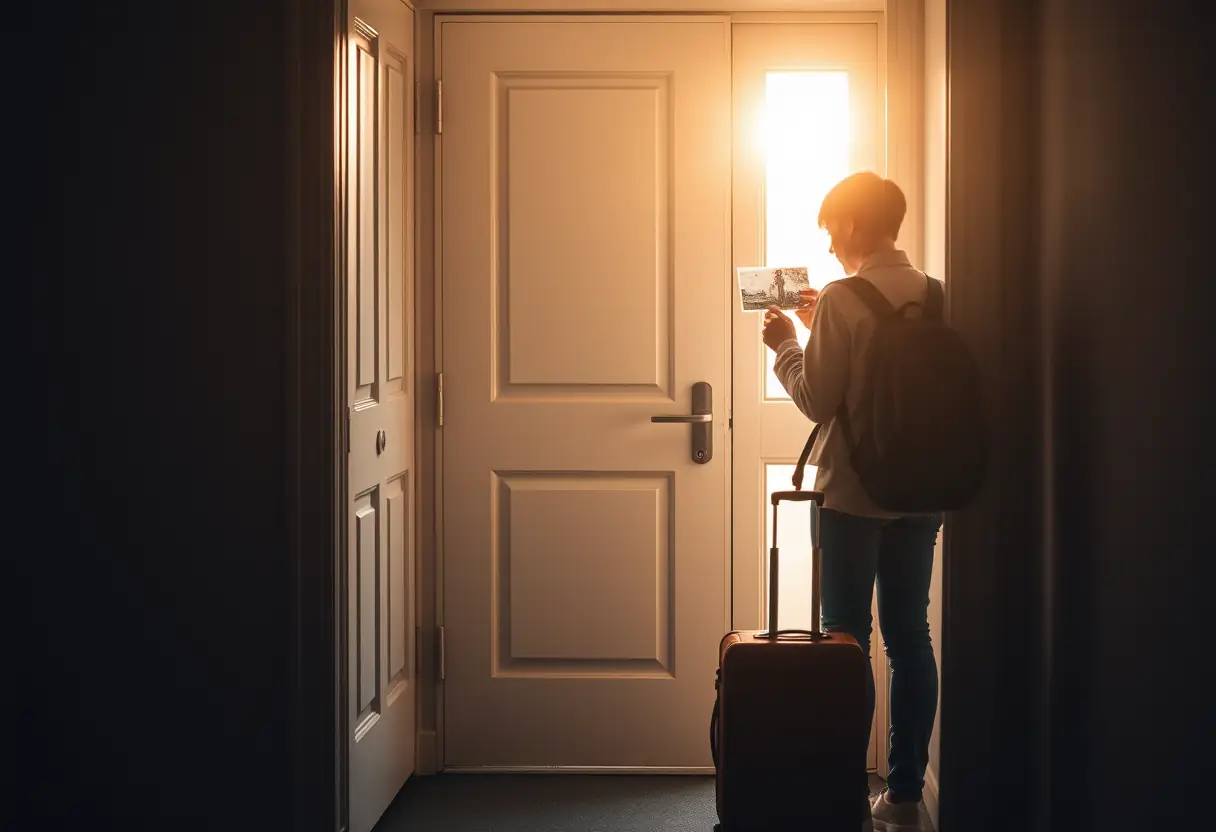 Un voyageur debout devant une porte, tenant une petite pièce carrée de plastique, regardant une valise emballée sur le sol près de la porte, éclairée par la lumière du matin qui entre par la fenêtre