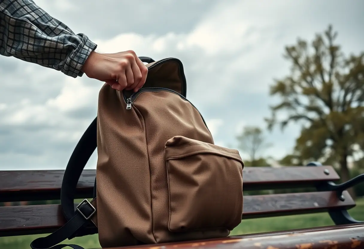 Une main dézippant un sac à dos en tissu sur un banc de parc sous un ciel gris