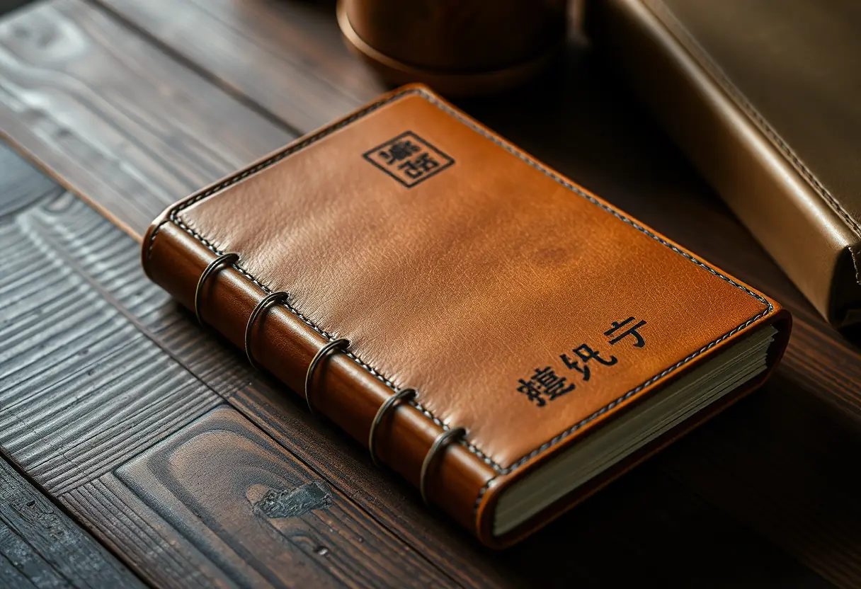 Un carnet relié de cuir sur une table en bois, à côté d'une pochette en osier tressé