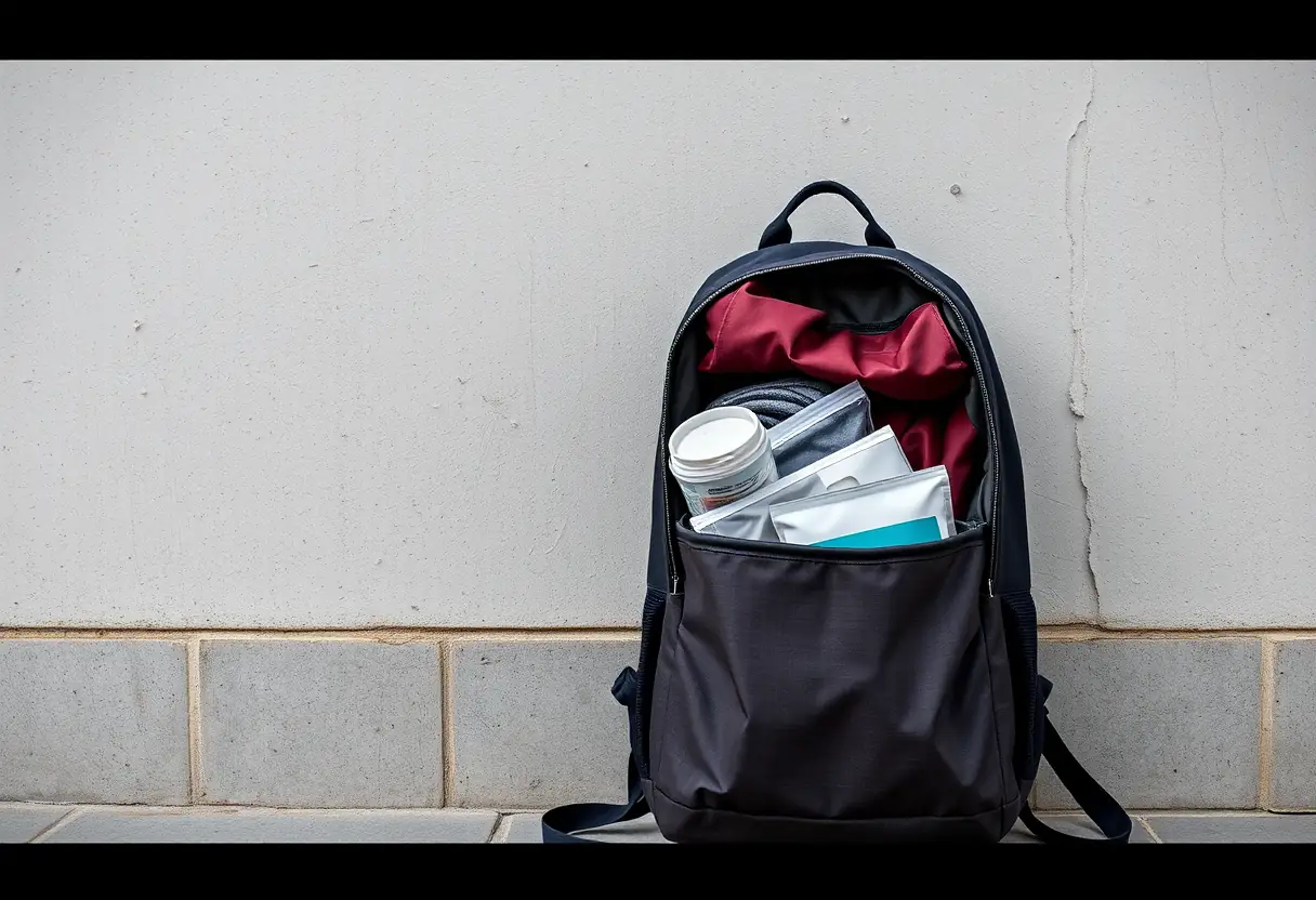 Un sac à dos appuyé contre un mur, rempli de vêtements pliés et d'un kit de toilette, près d'un lit simple