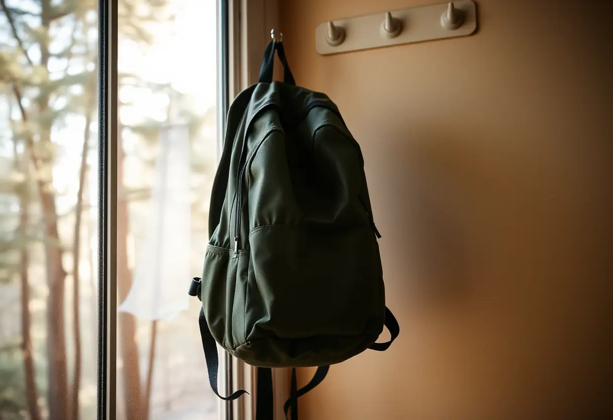 Un sac à dos accroché à un portemanteau près d'une fenêtre, la lumière du soleil filtre à travers les arbres, révélant une vue de sentier de randonnée
