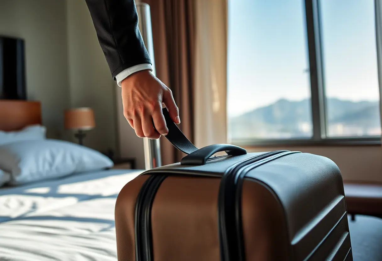 Une main ajuste une poignet de sangle sur une valise à côté d'un lit d'hôtel, la fenêtre derrière révèle une chaîne de montagnes lointaine