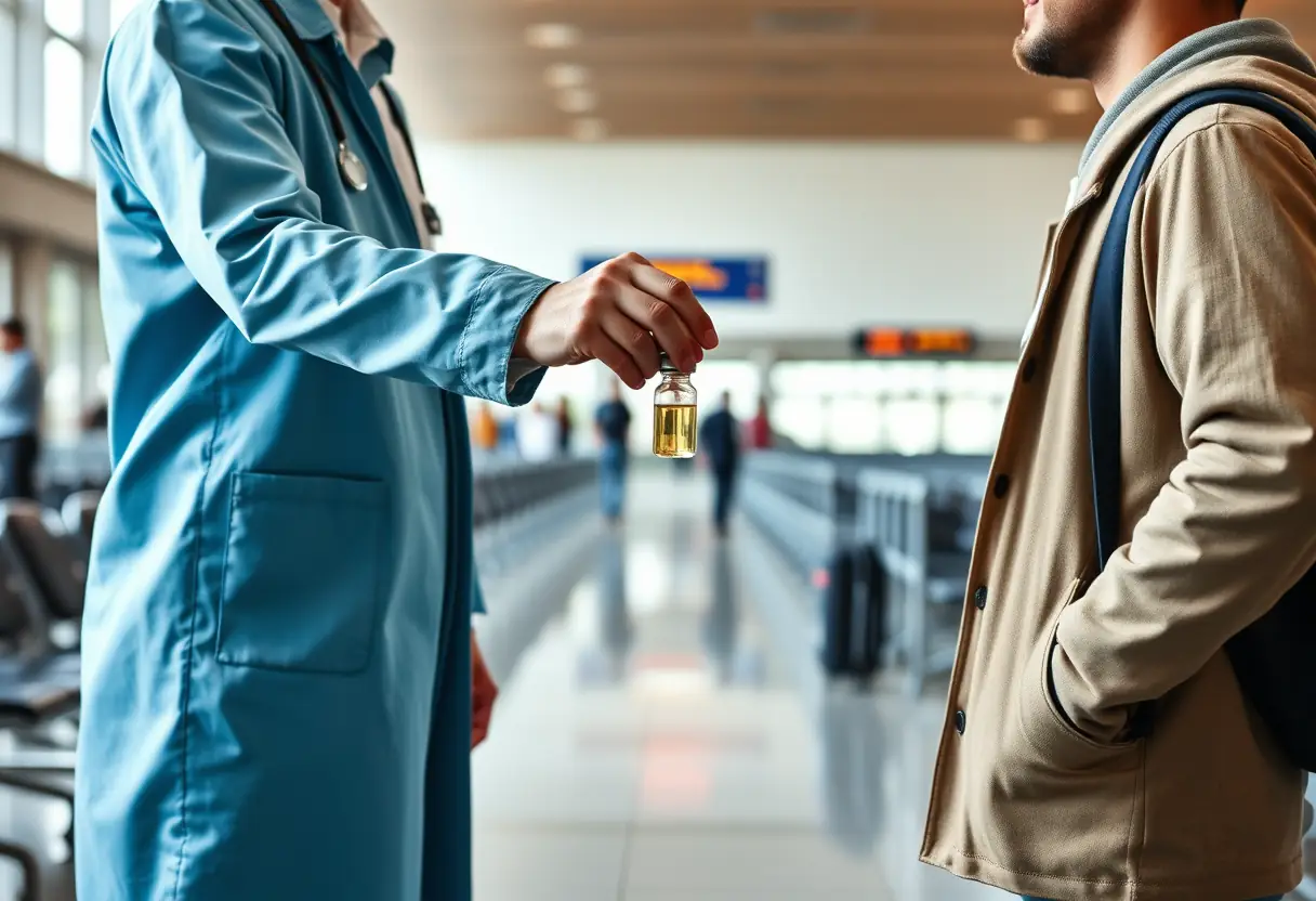 Un professionnel de la santé remet un flacon en verre contenant un liquide à un voyageur habillé
