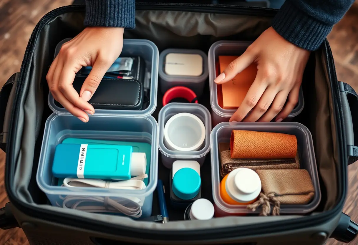Des mains organisent un ensemble de boîtes en plastique remplies d'accessoires de voyage à l'intérieur d'une valise