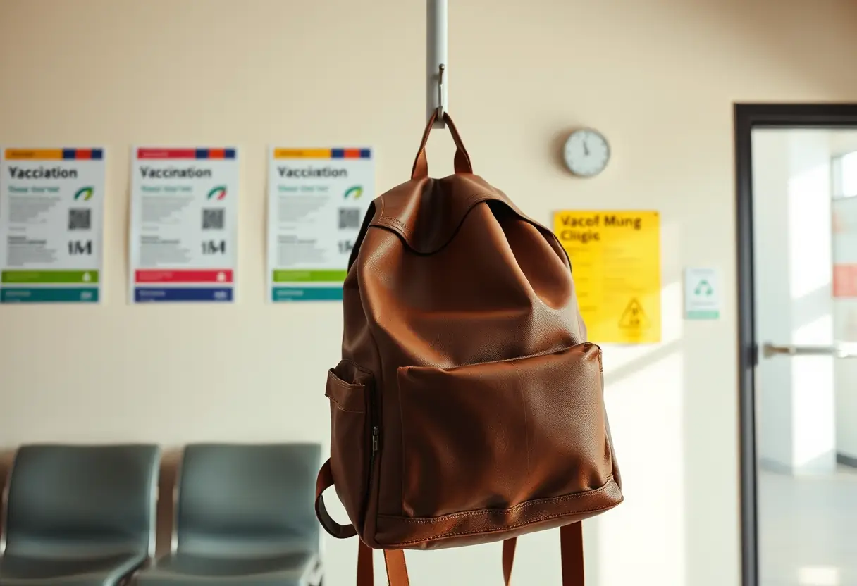 Un sac à dos en cuir d'un voyageur accroché à un porte-manteau dans une salle d'attente d'un centre médical avec des affiches de vaccination aux murs