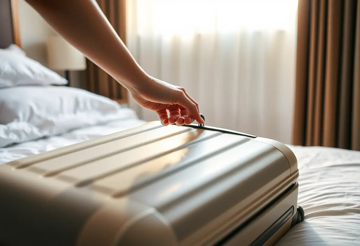 La main d'une personne ajuste le cadenas à combinaison sur une valise souple posée sur un lit d'hôtel, la lumière du soleil filtre à travers les rideaux.