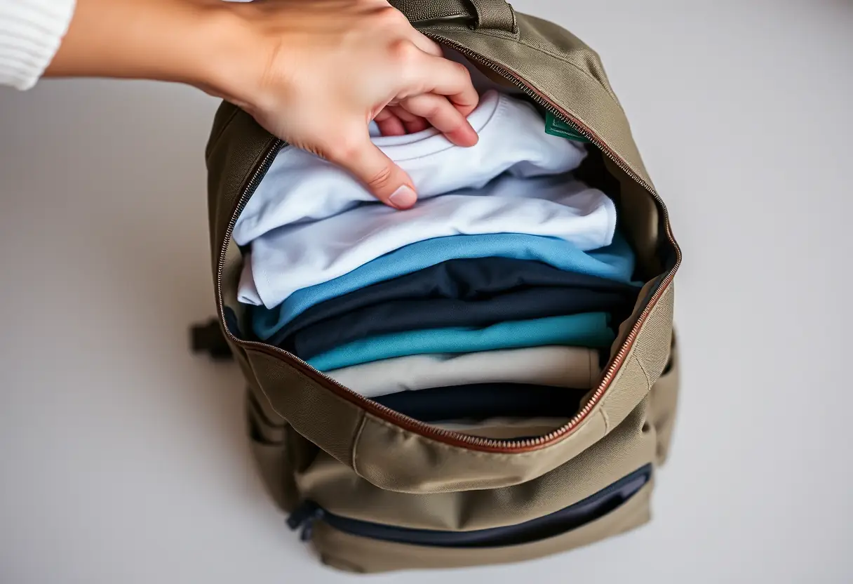 Une main arrange des tee-shirts pliés dans un sac à dos en toile