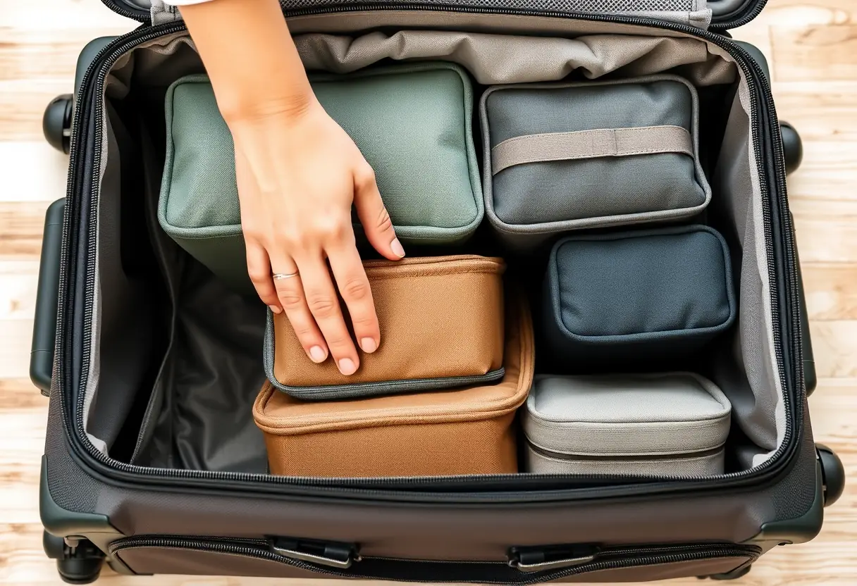 Des cubes de rangement sont disposés avec soin à l'intérieur d'une grande valise rectangulaire.