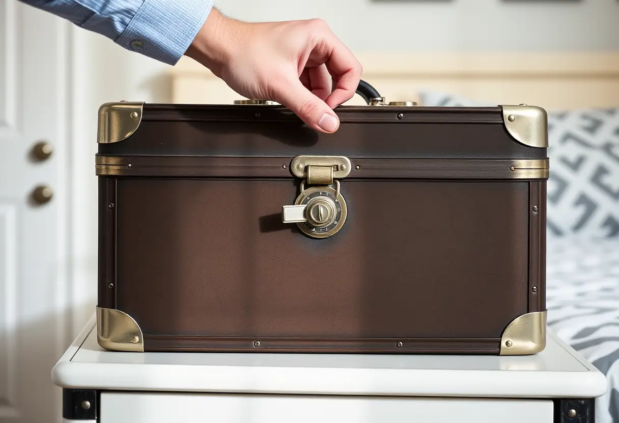 La main qui tourne la serrure à combinatoire d'une valise métallique cylindrique posée sur une commode dans une chambre