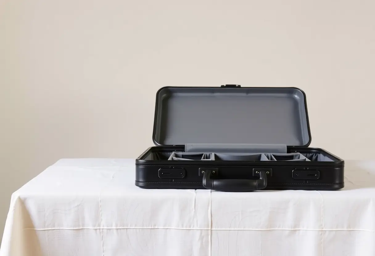 Une valise rectangulaire avec poignée télescopique reposant sur une table recouverte d'un tissu, le couvercle partiellement ouvert révélant des compartiments internes