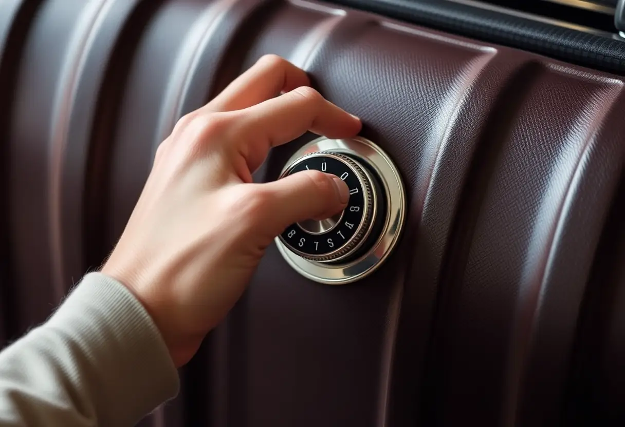 La main d'une personne tourne la molette d'un cadenas cylindrique sur une valise rigide