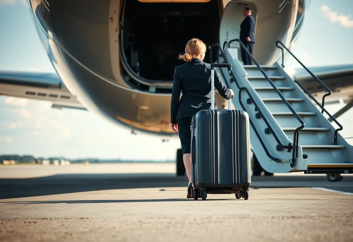 Une valise dont les roues reposent sur la rampe de chargement, une hôtesse guidant la valise depuis le fond