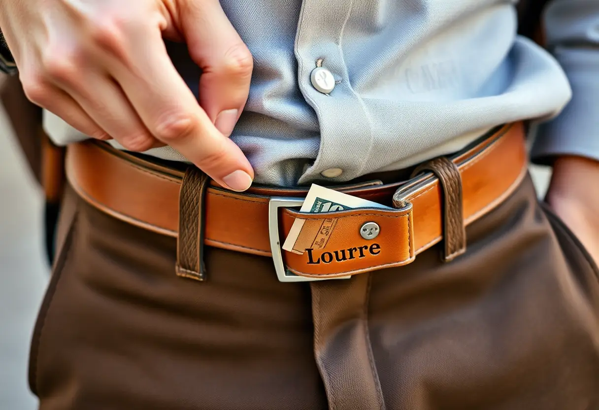 Un porte-monnaie en cuir est fermé par une main attaché à la ceinture d’un voyageur