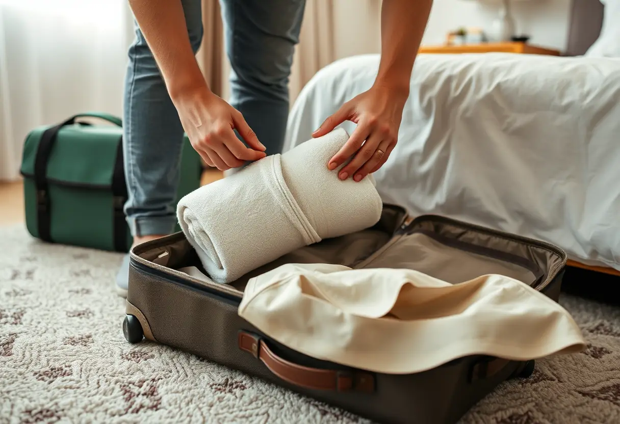 Un voyageur met un paquet roulé enveloppé dans une serviette dans un sac pour chaussures à l'intérieur d'une valise ouverte sur le plancher d'une chambre