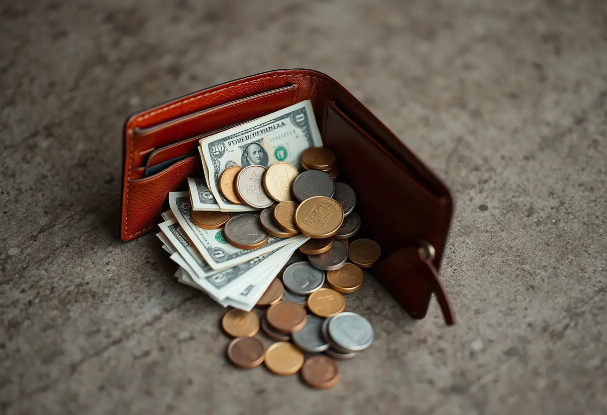 Un portefeuille en cuir ouvert sur une surface plane contenant divers billets et pièces