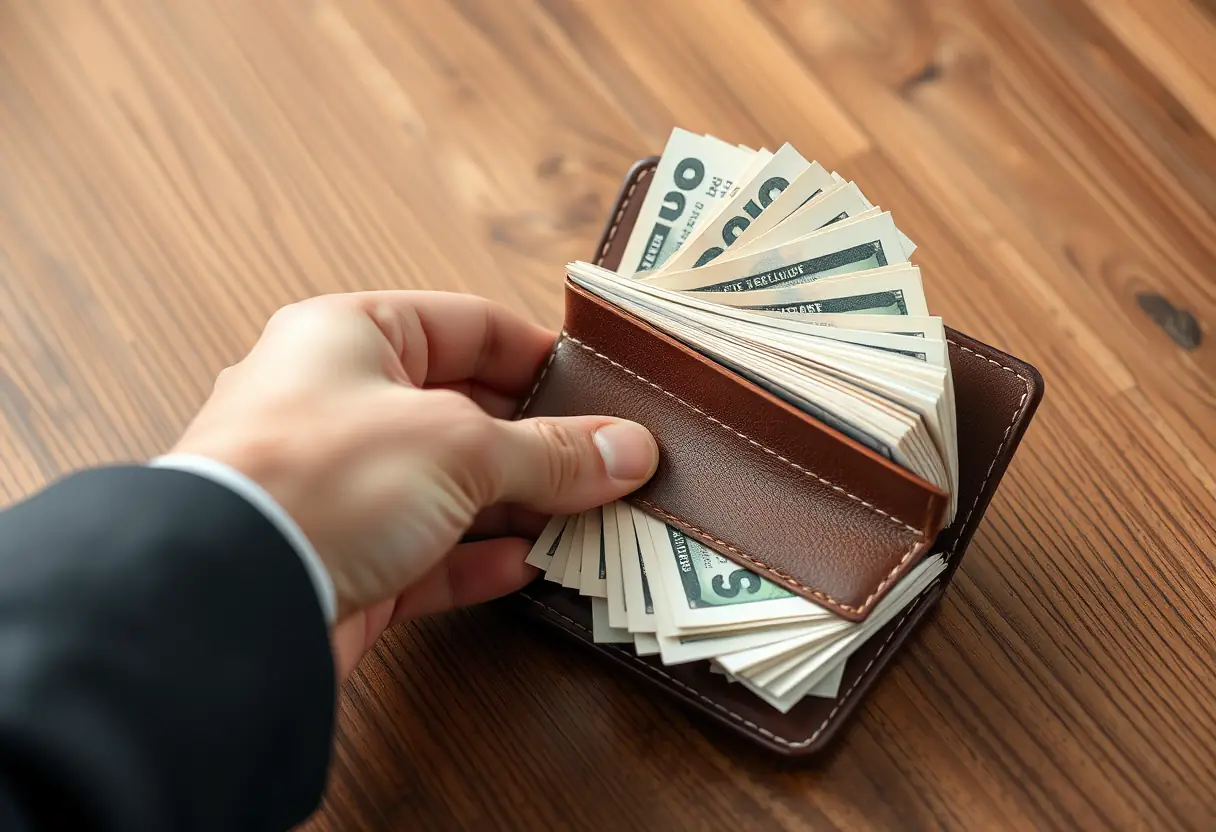 Une main tient une pile de billets pliés avec soin dans un portefeuille en cuir souple sur une table en bois