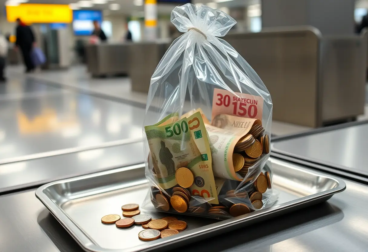 Un sac en plastique transparent contenant diverses coupures de billets et pièces, posé sur une tablette à un point de contrôle de sécurité à l'aéroport