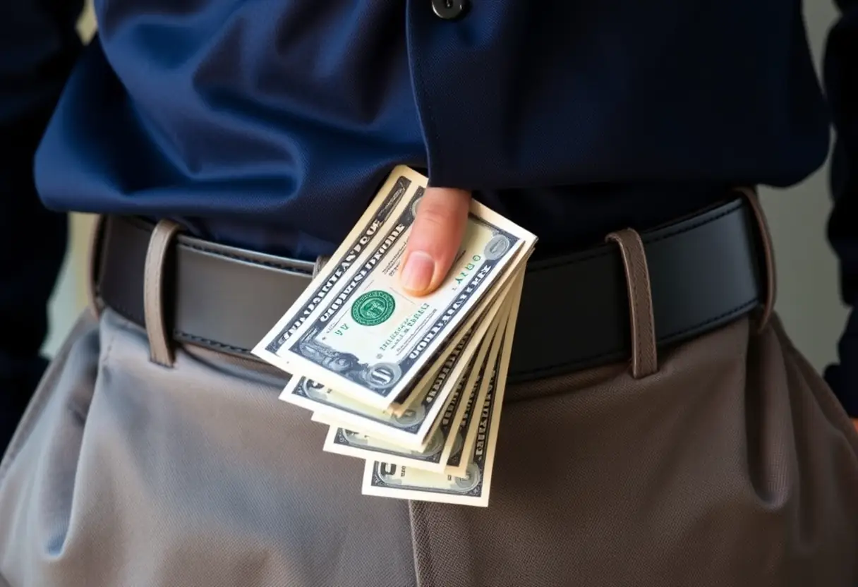 Une main en train de placer des billets dans une ceinture à argent rectangulaire