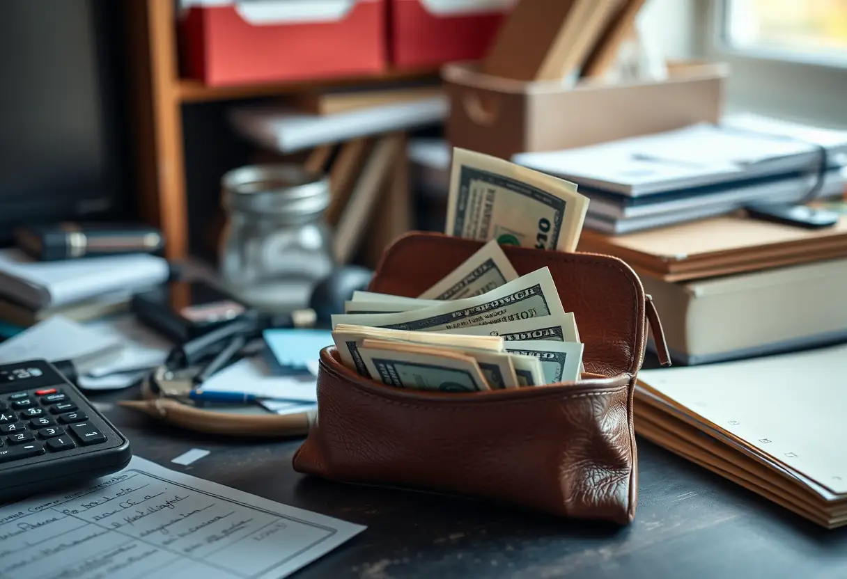 Un porte-monnaie en cuir posé sur un bureau avec divers objets autour.