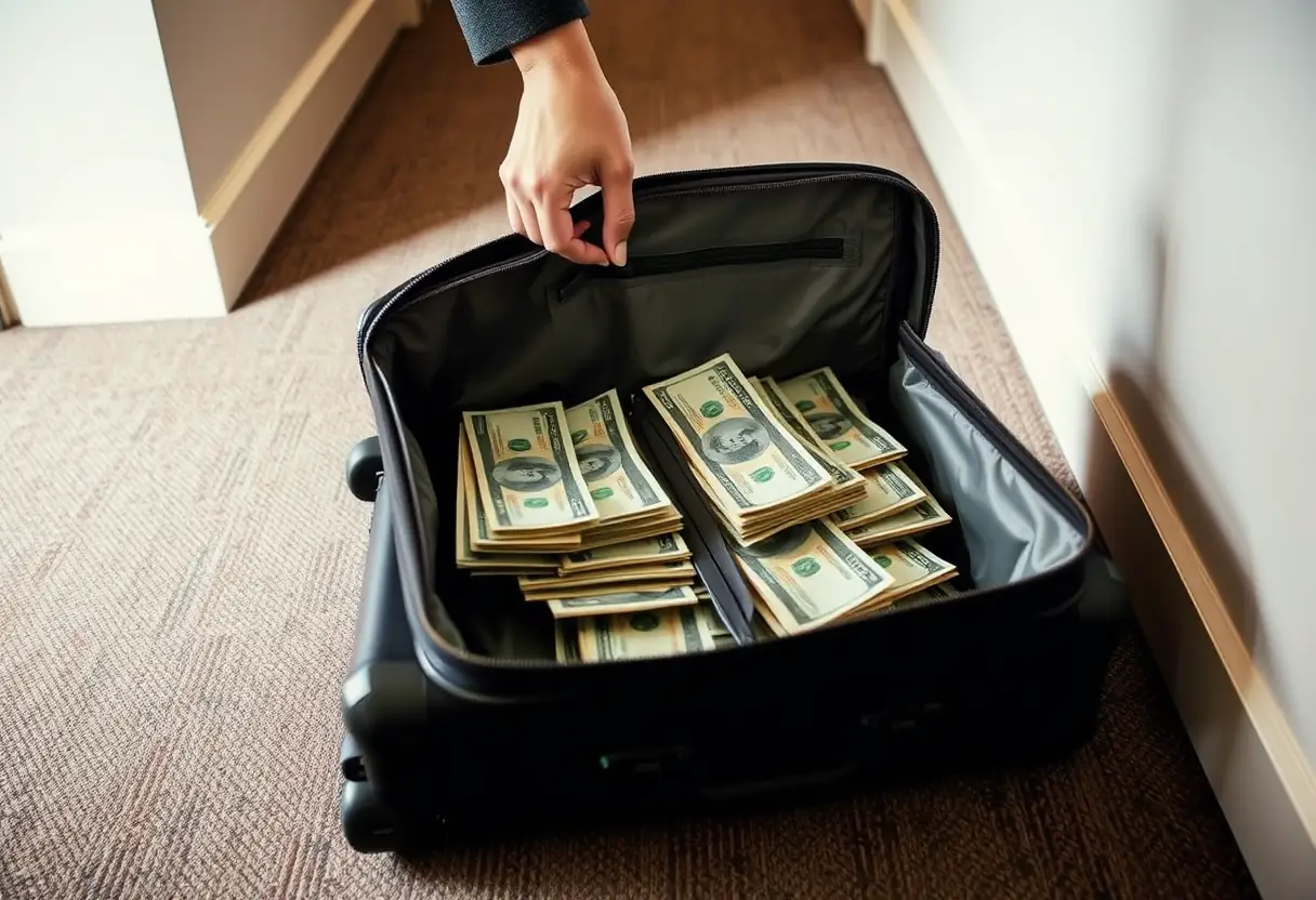 Une main ferme la fermeture éclair d'une valise fermée contenant des billets pliés soigneusement, posée sur un tapis dans un couloir.
