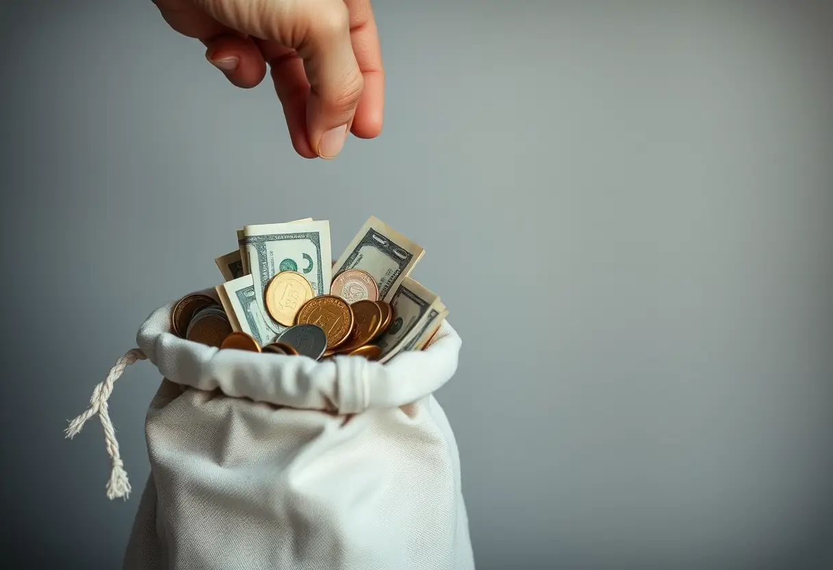 Une main qui plonge dans un sac en toile rempli de pièces et de billets