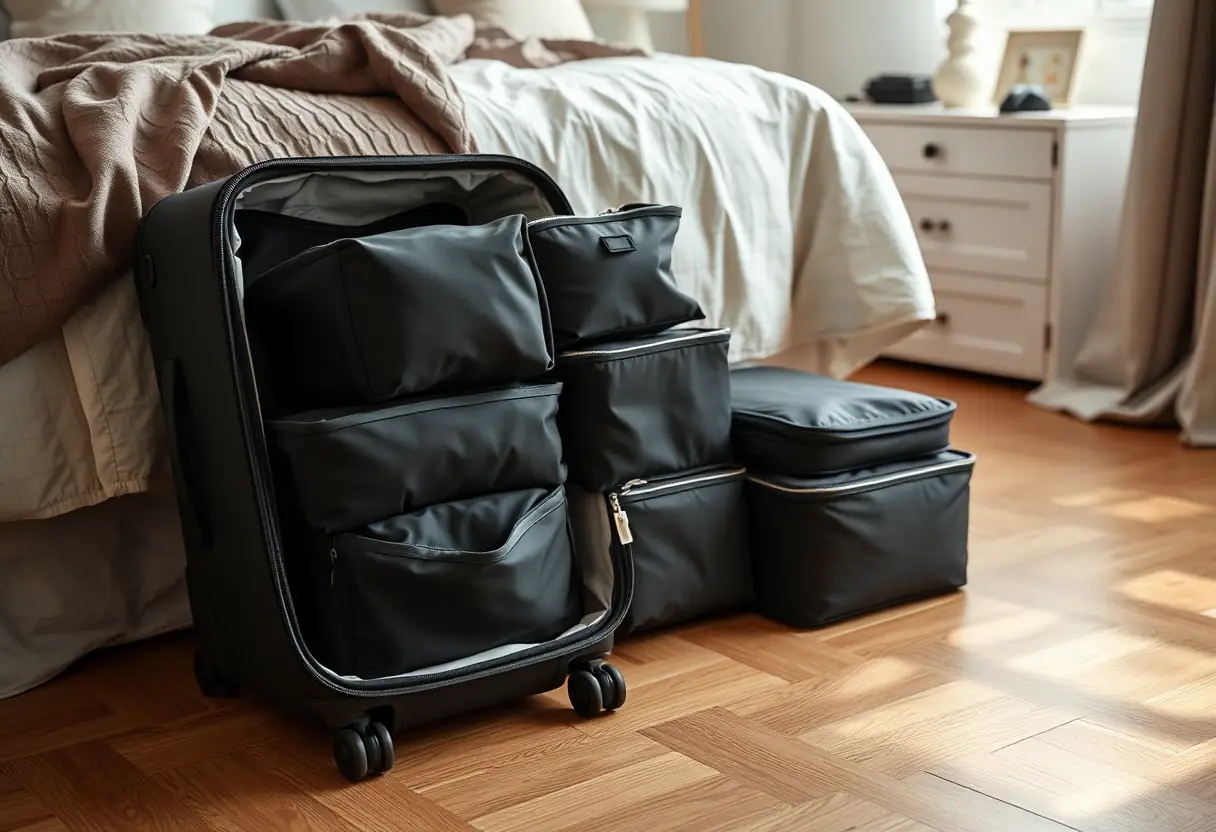 Des cubes de rangement bien organisés à l'intérieur d'une valise sur un plancher de chambre