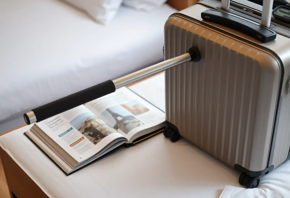 Un porte-bagages déployé sur la table de chevet d'une chambre d'hôtel, près d'un guide de voyage