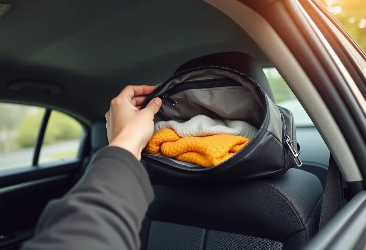 Une main ferme la fermeture éclair d'une petite valise de cabine sur le siège arrière d'une voiture, avec des vêtements emballés visibles à l'intérieur