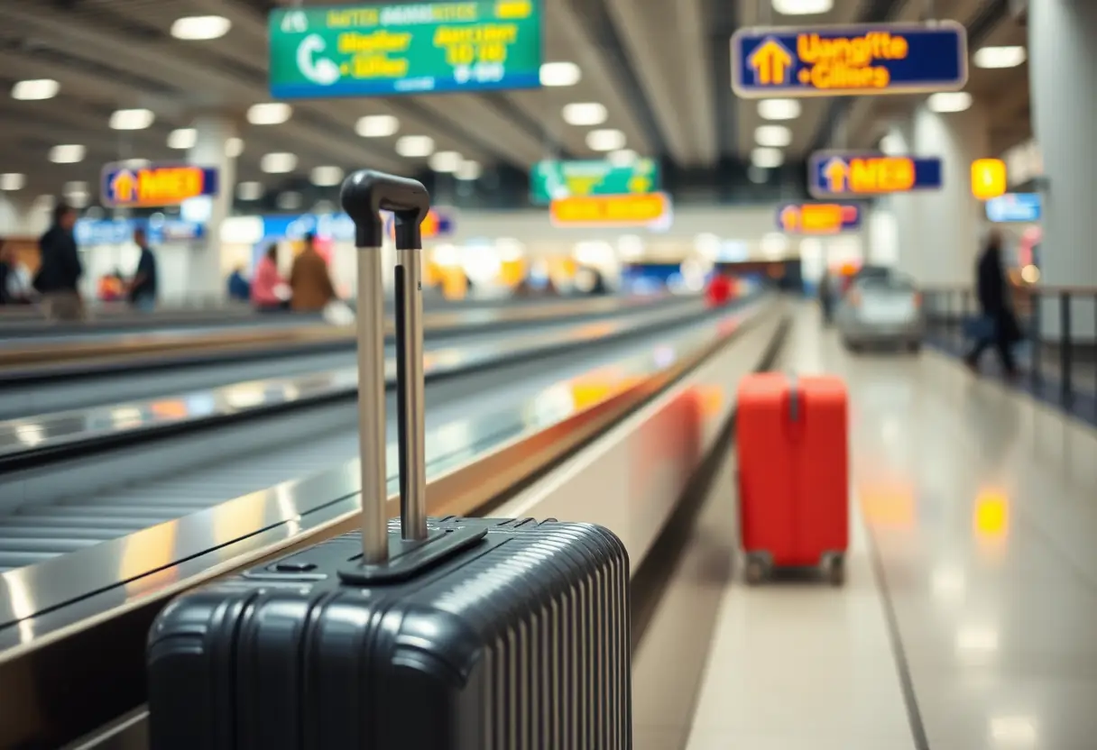 Une poignée télescopique sortant d'une valise rectangulaire moyenne placée près d'un tapis roulant bondé à l'aéroport