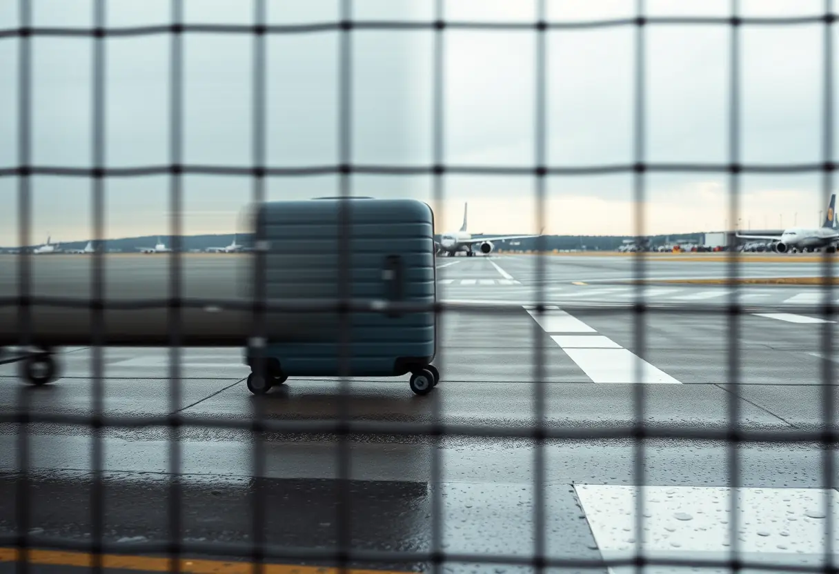 Des roues de valise tournant sur un terrain d'aéroport légèrement mouillé, vu de loin à travers une clôture trempée par la pluie