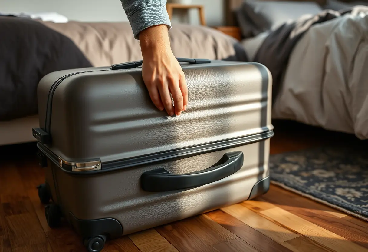 Une main dézippant un grand sac de voyage en toile dans une chambre