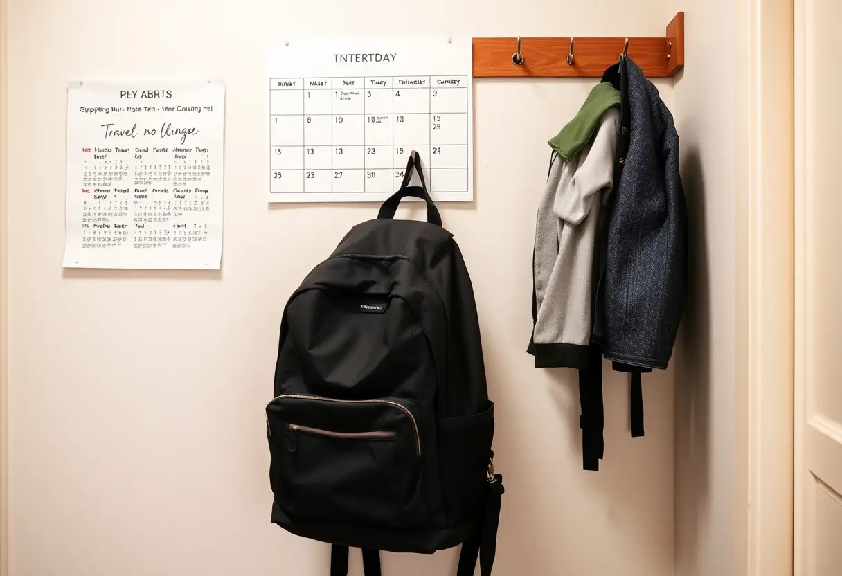 Un sac à dos accroché à une patère dans un couloir, avec un calendrier affichant les dates de voyage au mur