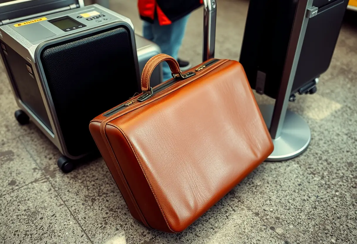 Un sac de voyage en cuir avec une poignée usée posé à côté d'une balance de bagages sur un sol poussiéreux à l'enregistrement des bagages à l'aéroport