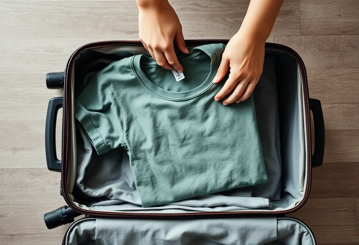 Des mains placent soigneusement un tee-shirt replié dans l'ouverture d'une valise.