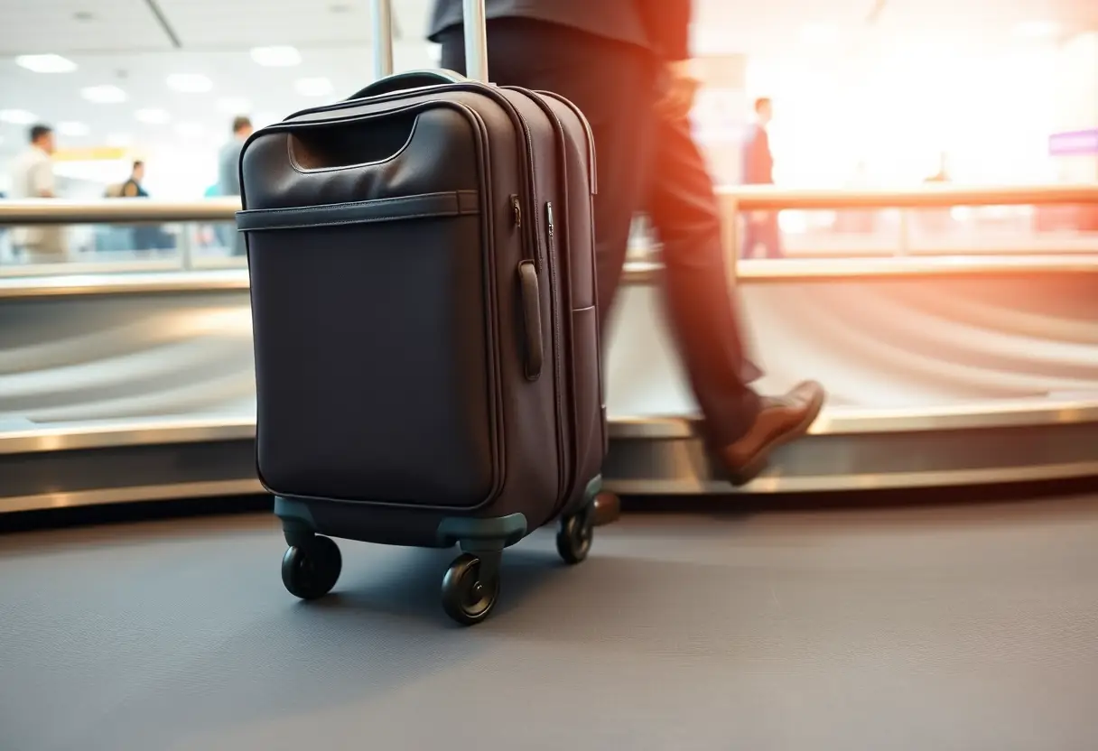 Une valise roulante chargée roule sur la passerelle de manutention à bagages.