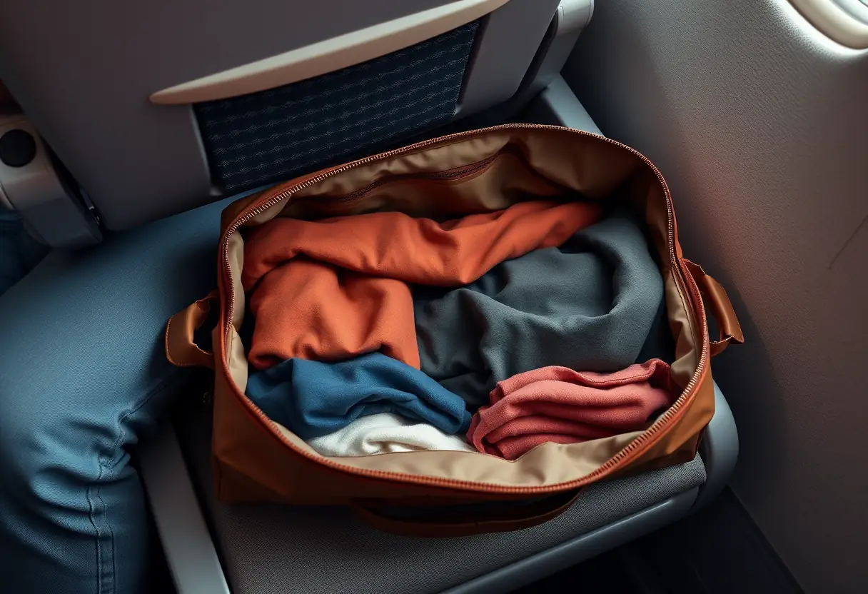 Un bagage à main rectangulaire posé sur la banquette à côté d'une personne, montrant des vêtements rangés avec soin à l'intérieur de la partie ouverte