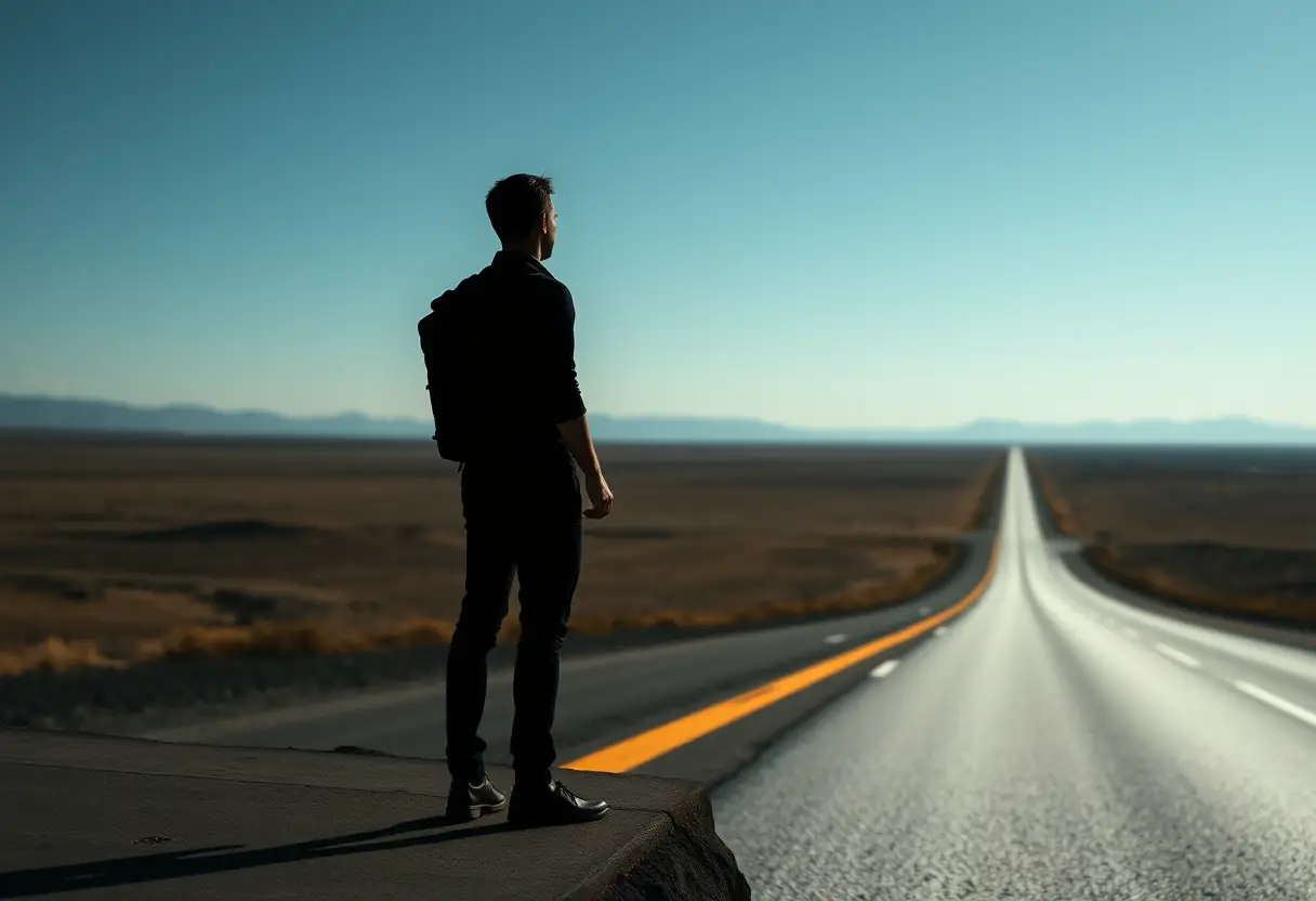 Un silhouetté de voyageur au bord d'une autoroute sans fin aux États-Unis