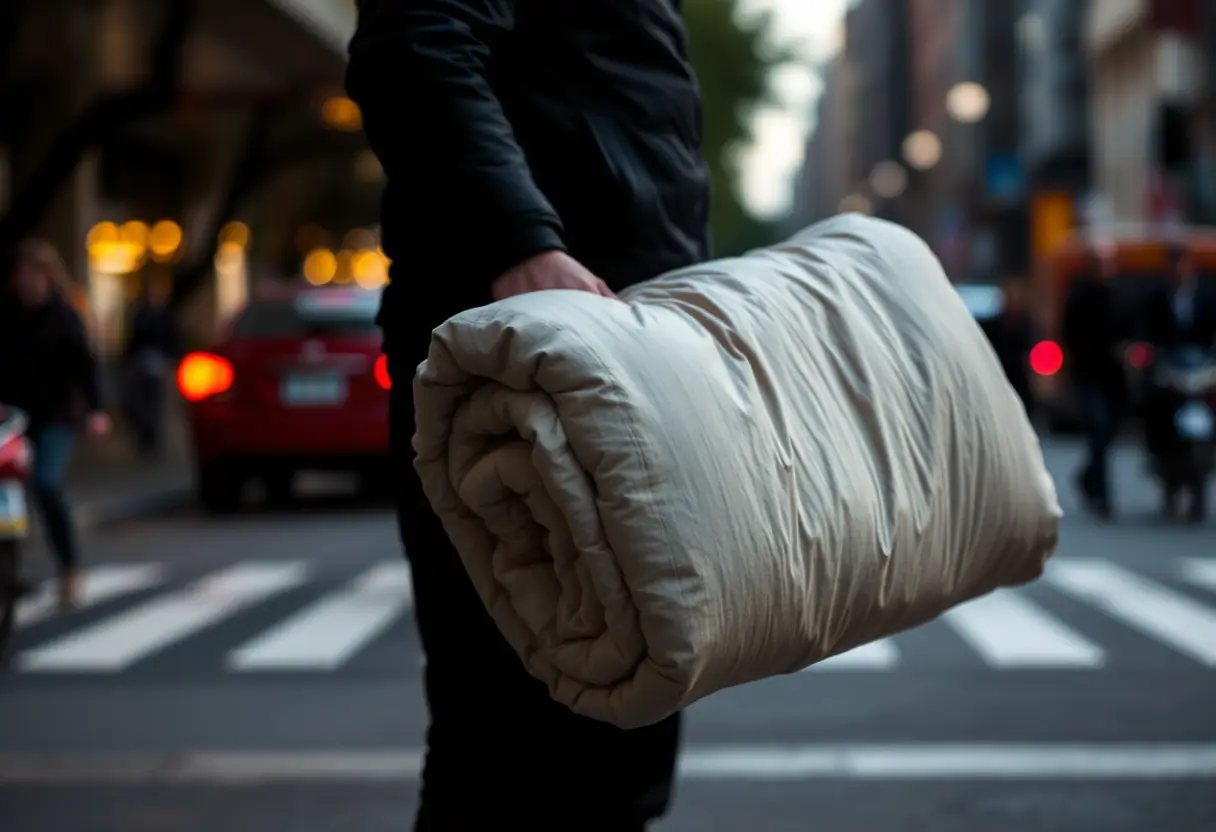 Une silhouette tient un sac de couchage roulé en toile de coton sur une rue animée.