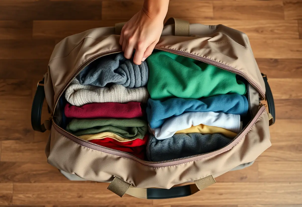 Une main refermant la fermeture éclair d'un grand sac de sport contenant des vêtements pliés avec soin