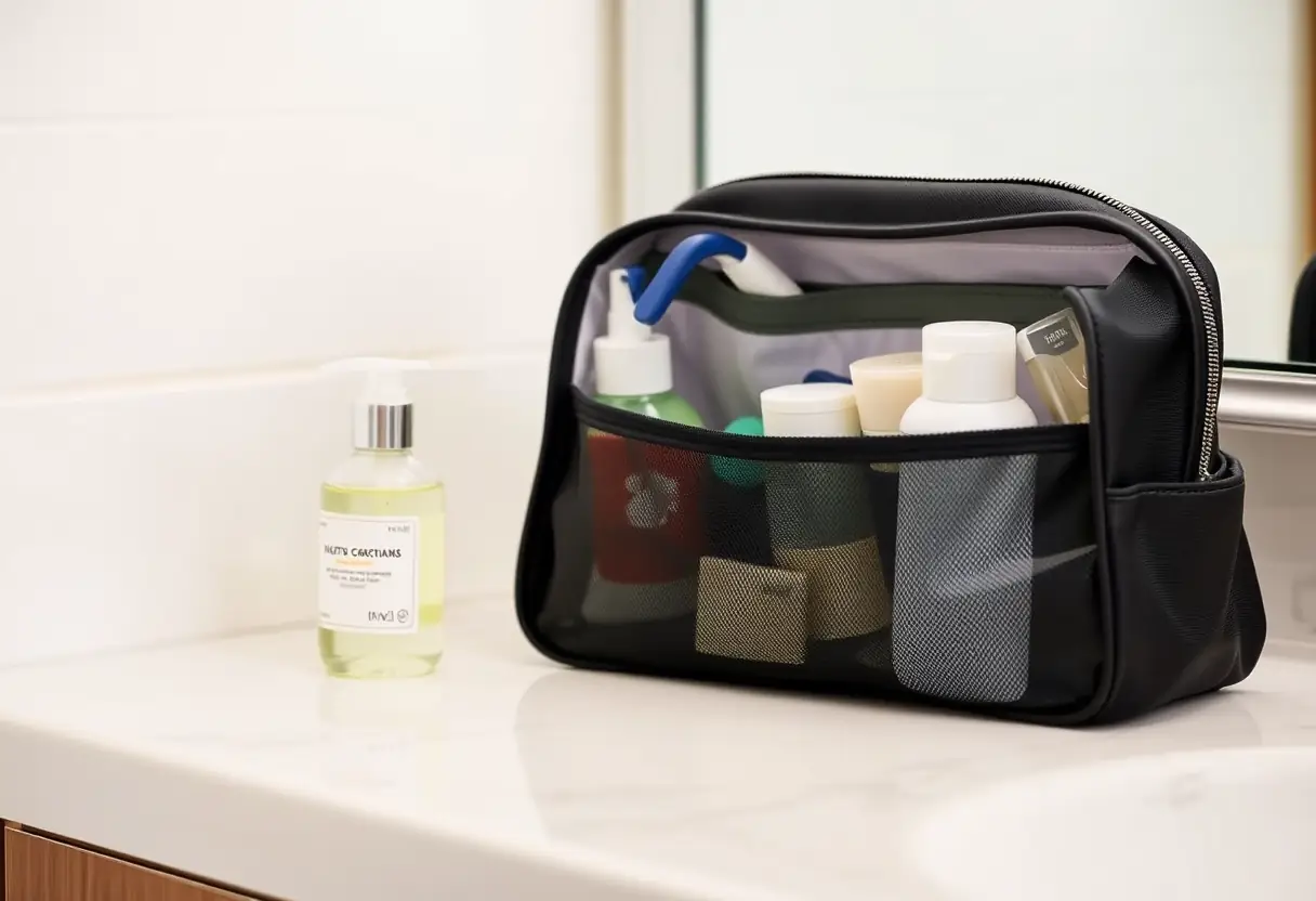 Un nécessaire de toilette bien rangé sur un meuble de salle de bains, à côté d'une petite bouteille de savon liquide
