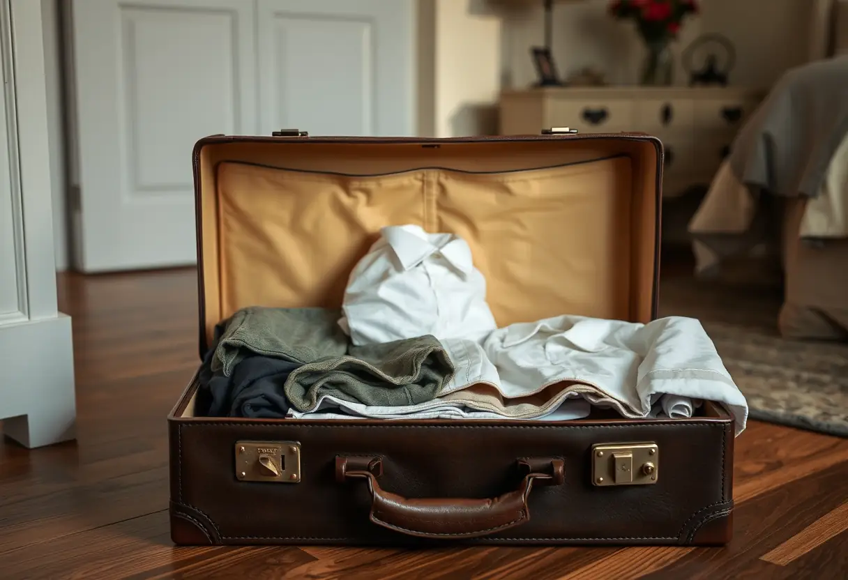 Un sac de voyage en cuir ouvert sur le plancher d'une chambre, révélant des vêtements pliés avec soin à l'intérieur