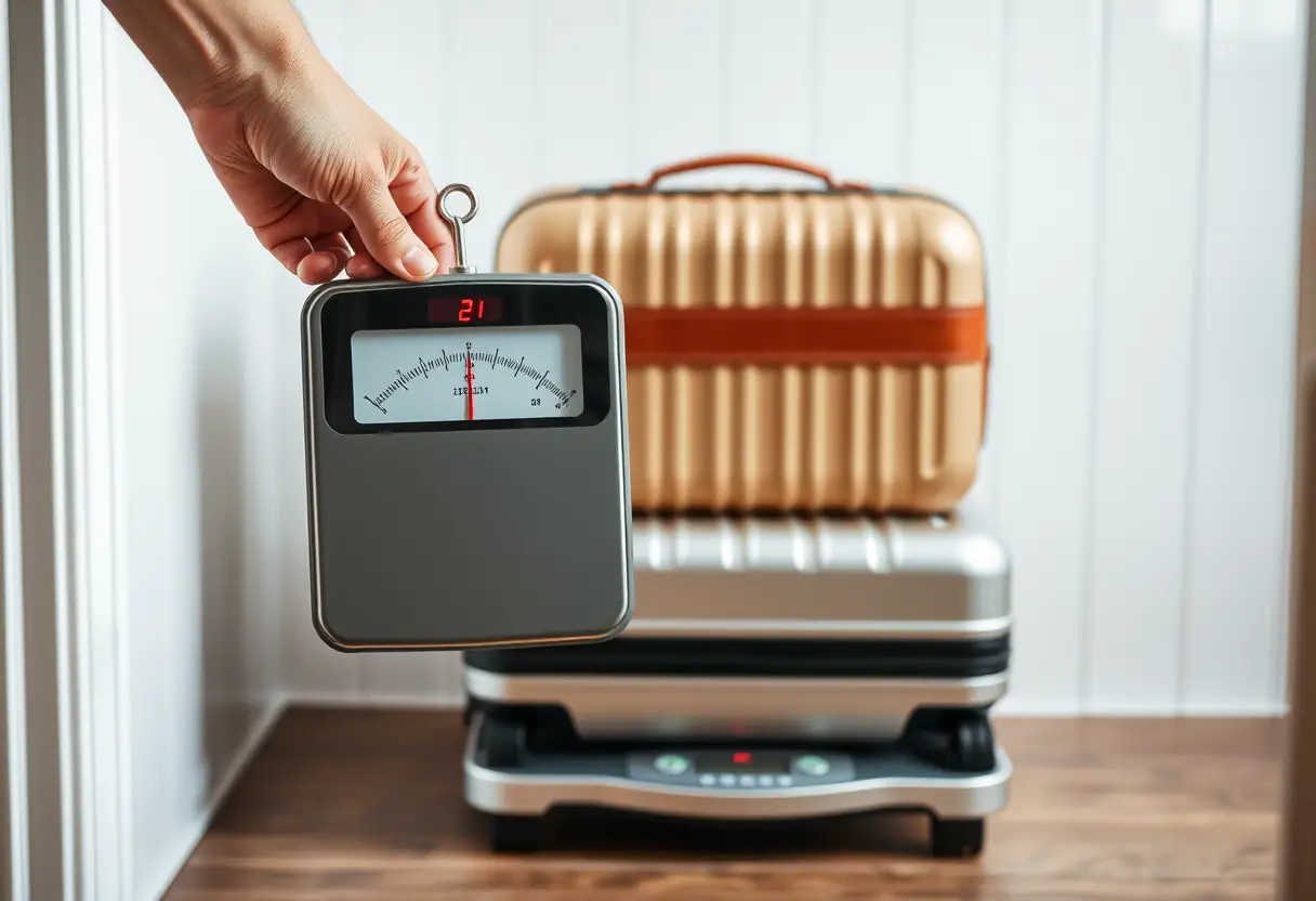 Une main tenant un échelle de bagages près d'un sac posé sur une balance dans la salle de bains
