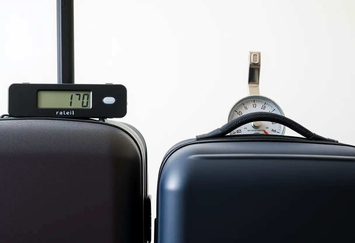 Une poignée télescopique d'une valise souples sortant à côté d'un peson de bagages, prêt à peser la valise