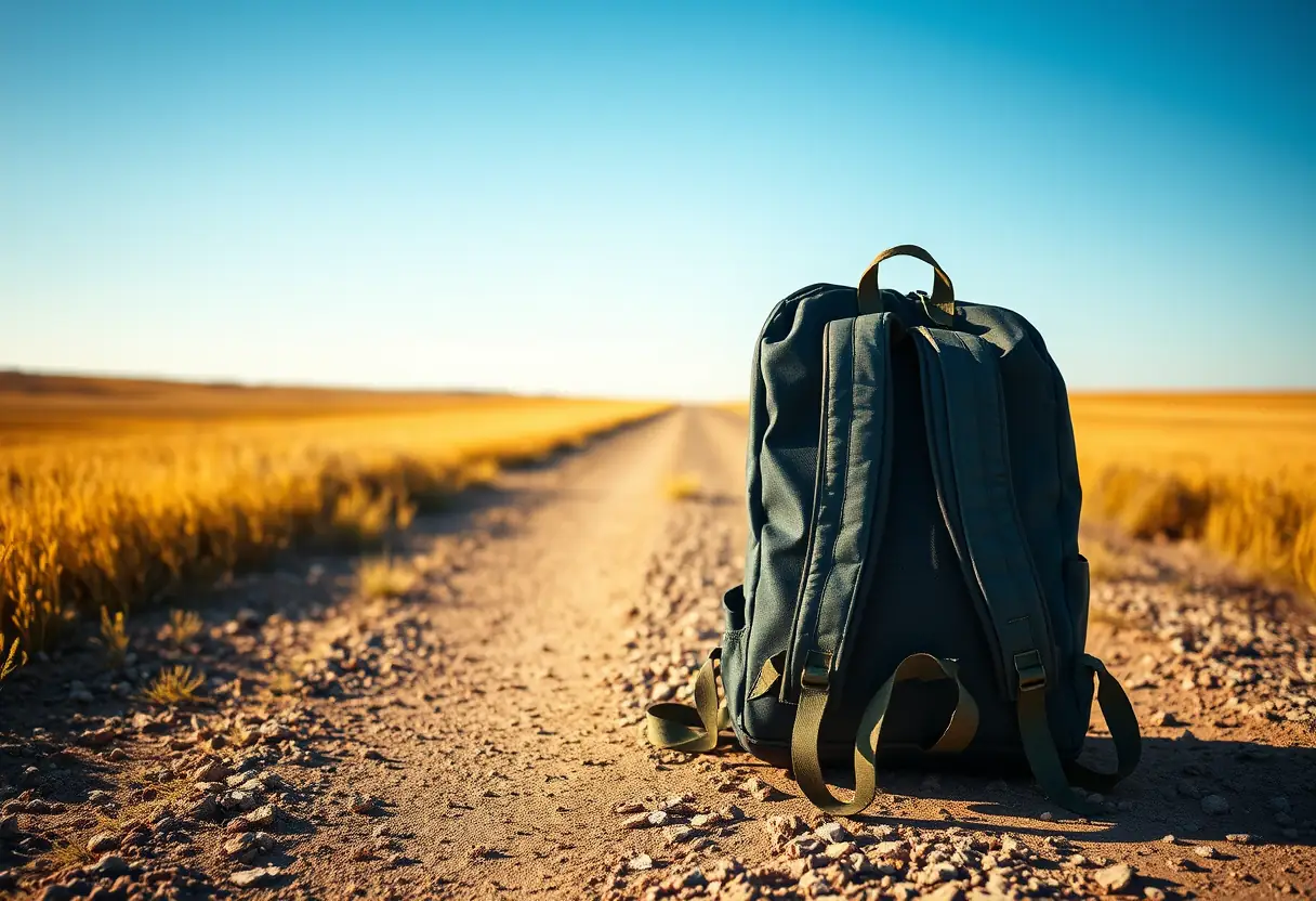Un sac à dos sur une route poussireuse entouré de champs dorés