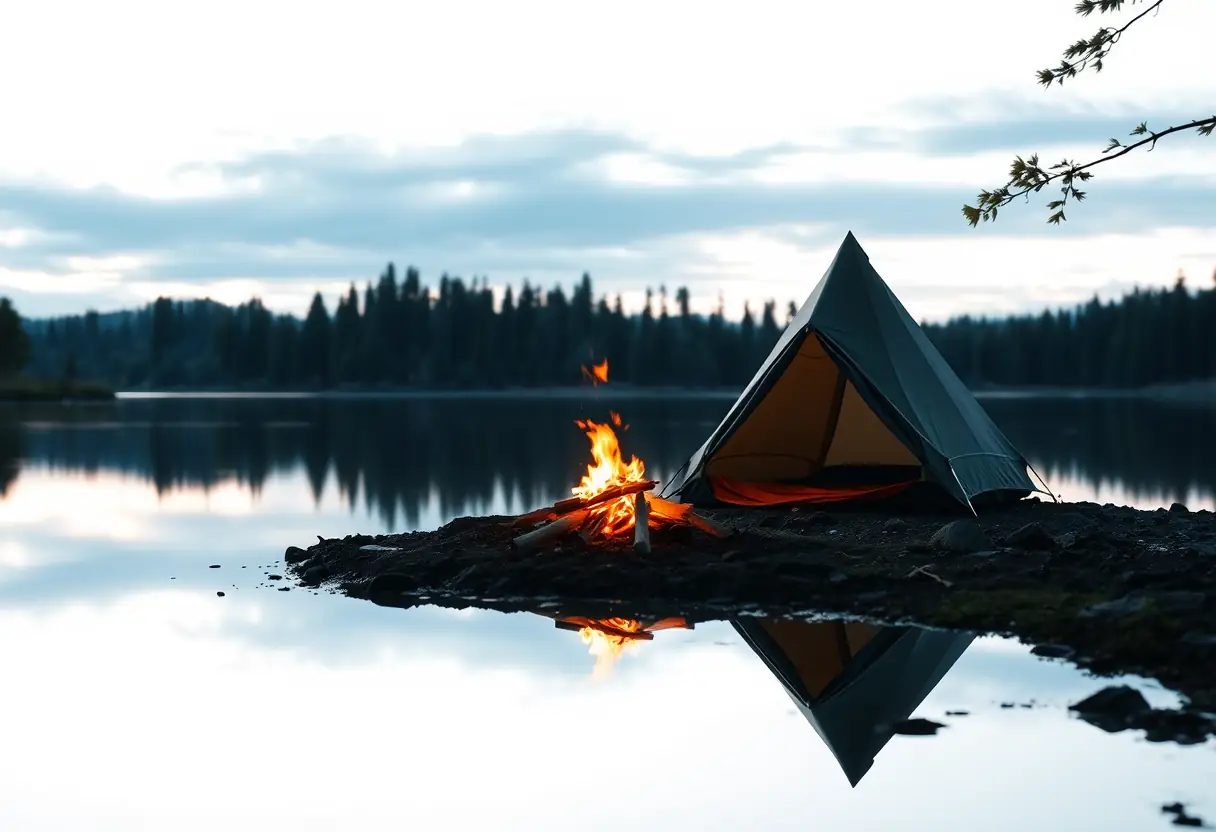 Une tente dressée près d'un feu de camp, reflétés dans un lac calme proche, capturant l'essence de l'aventure en plein air et de solitude