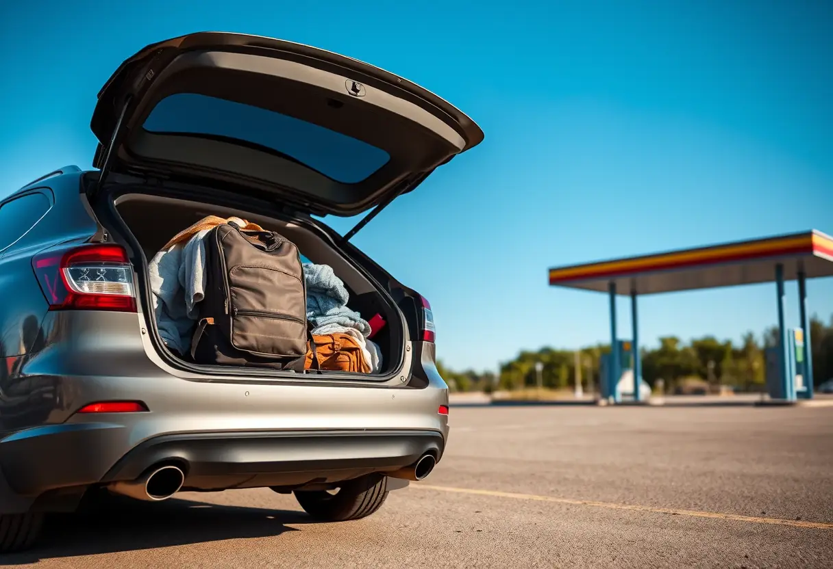Un sac à dos plein posé sur le coffre d'une voiture, symbole du road trip.