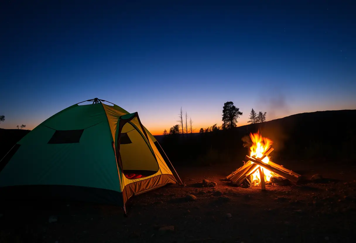 Une tente érigée près d'un feu de camp au crépuscule, soulignant l'économie du camping.